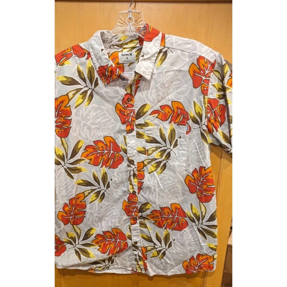 Hurley Short Sleeve Shirt Mens Medium‎ Cotton Collared Button Up Tan Floral